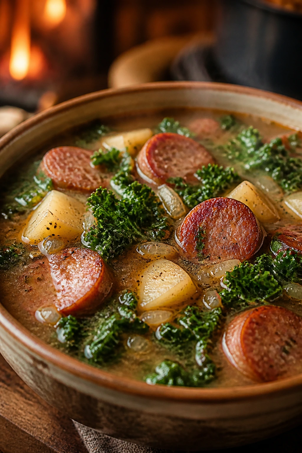 Close-up of a Smoked Sausage and Kale Soup bowl with sausage kale and potatoes