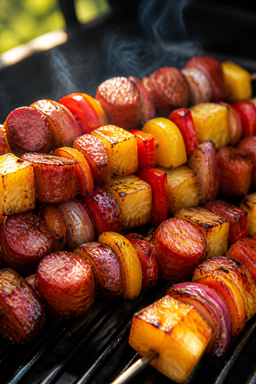 Close-up of smoked sausage kebabs with peppers and pineapple on skewers over a grill