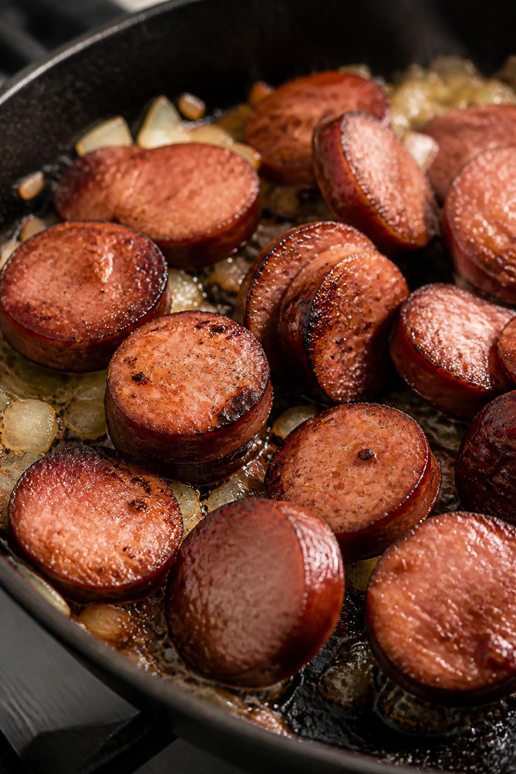 Close-up of smoked sausage browning in a pan