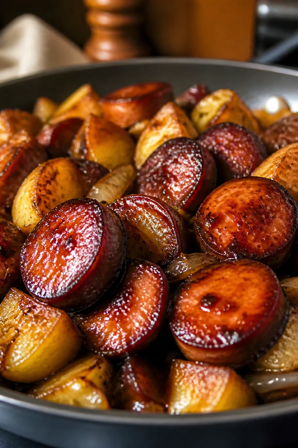 Glossy lacquered smoked sausage with crispy potatoes and onions