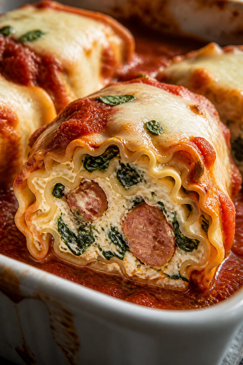 Close-up of lasagna roll-up sliced to show sausage filling