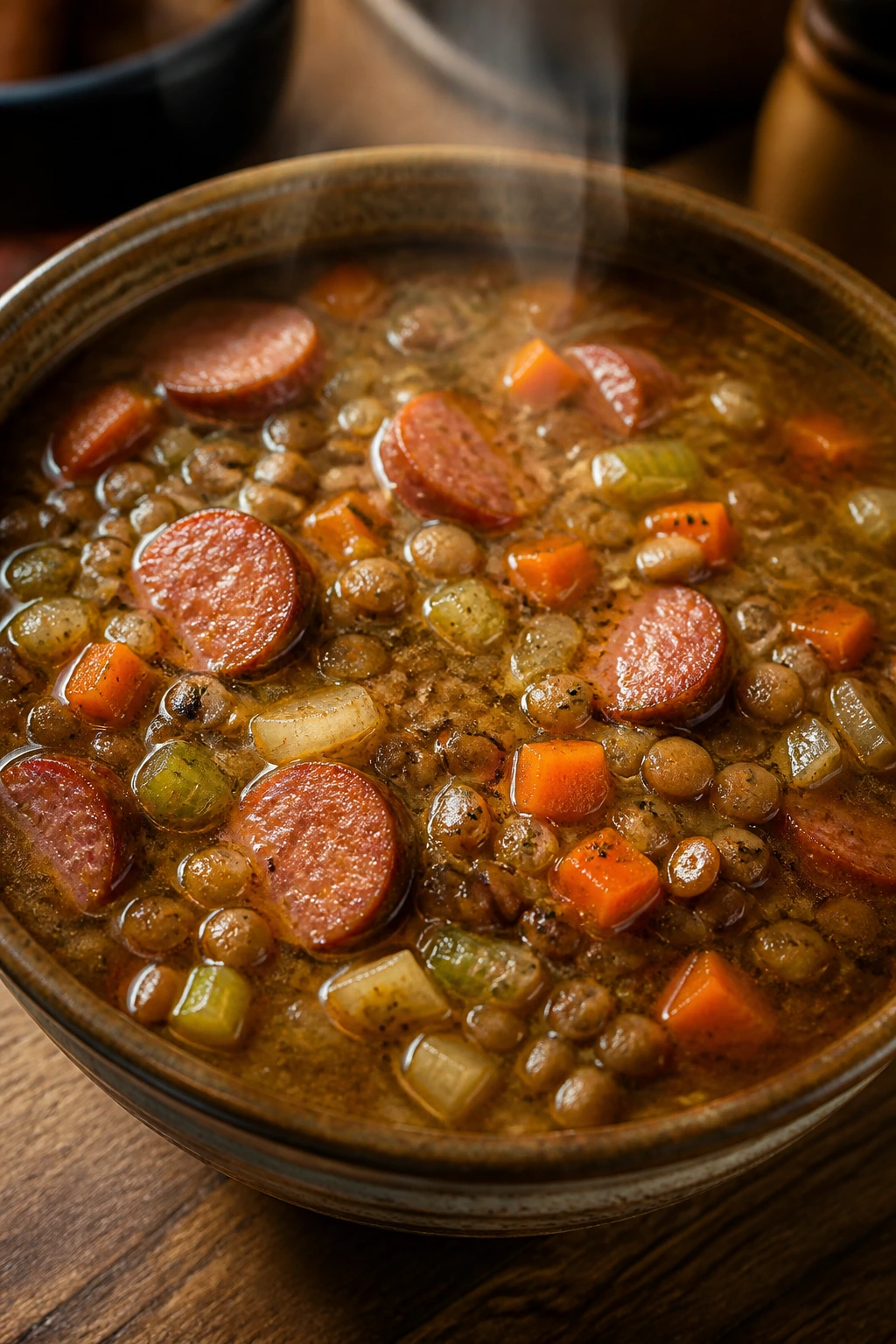 Steaming bowl of lentil soup with sausage and vegetables