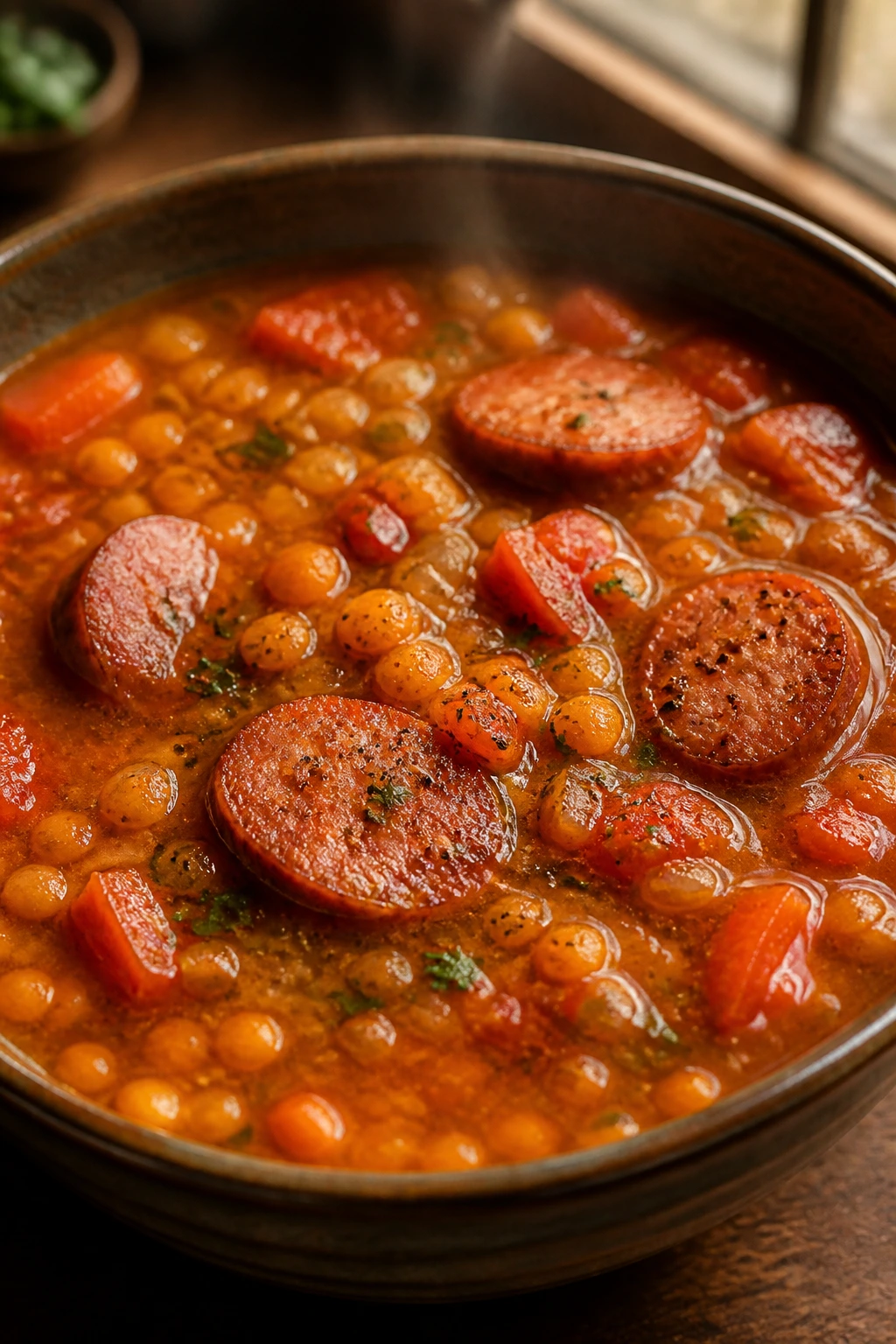 Steaming bowl of smoky sausage red lentil soup