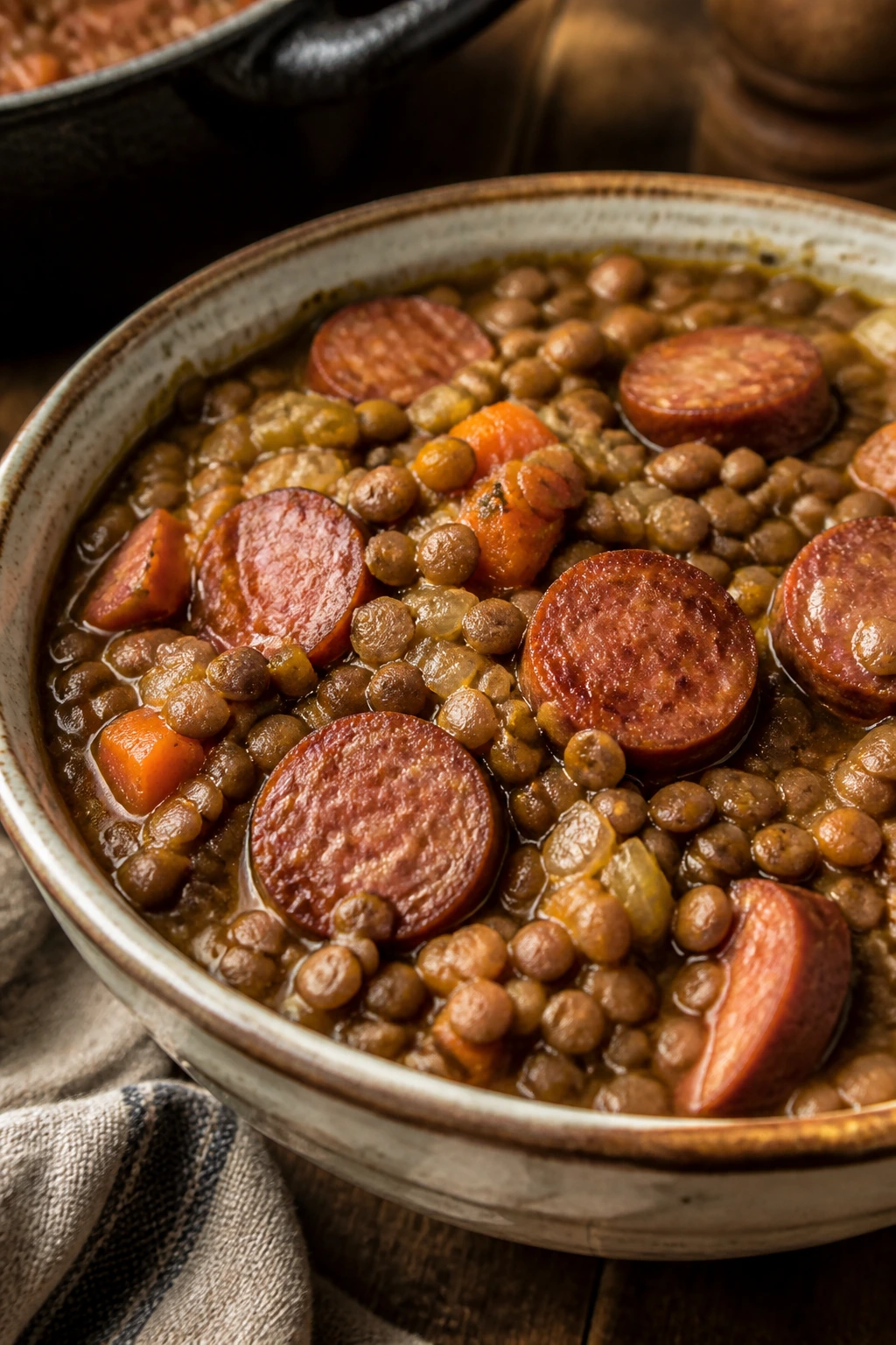 Hearty lentil stew with smoked sausage in bowl