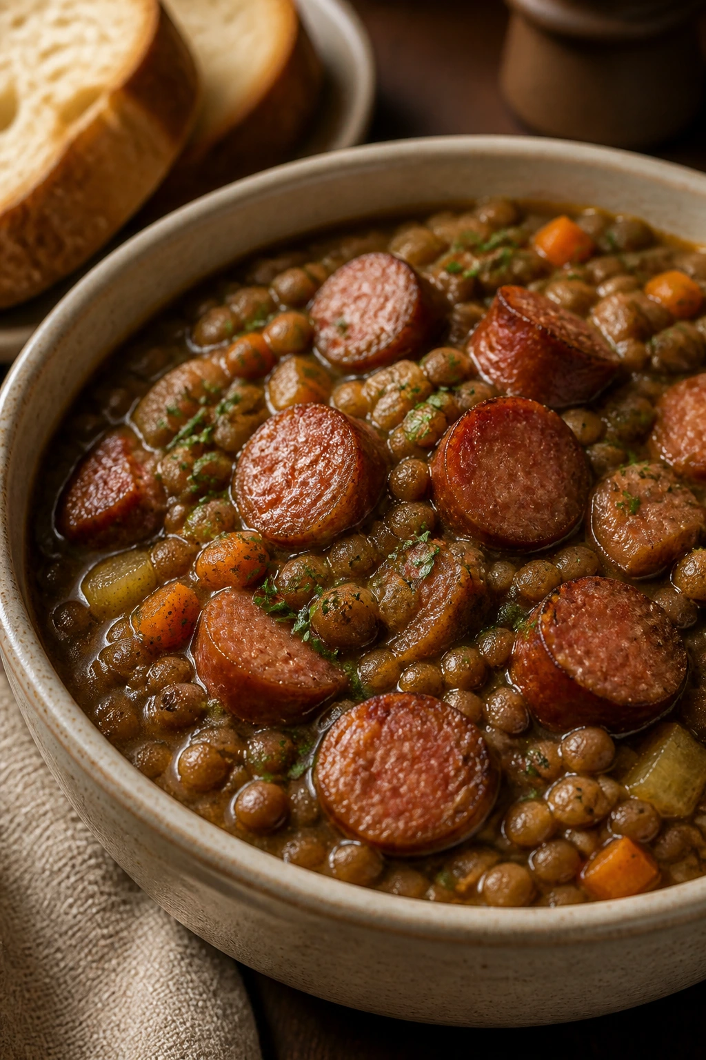 Hearty lentil stew with smoked sausage in a bowl with bread nearby