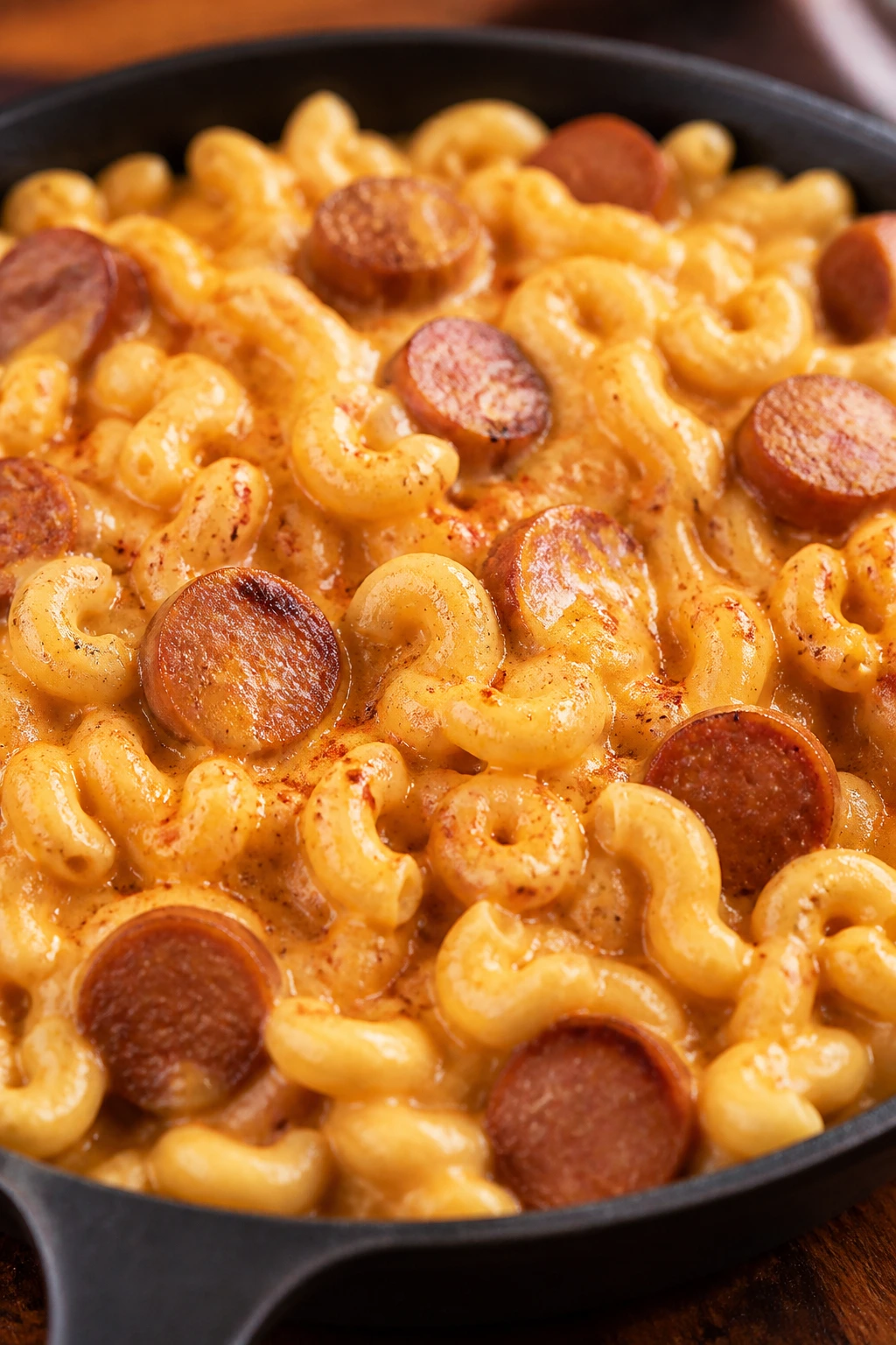 Creamy mac and cheese with sausage in a skillet
