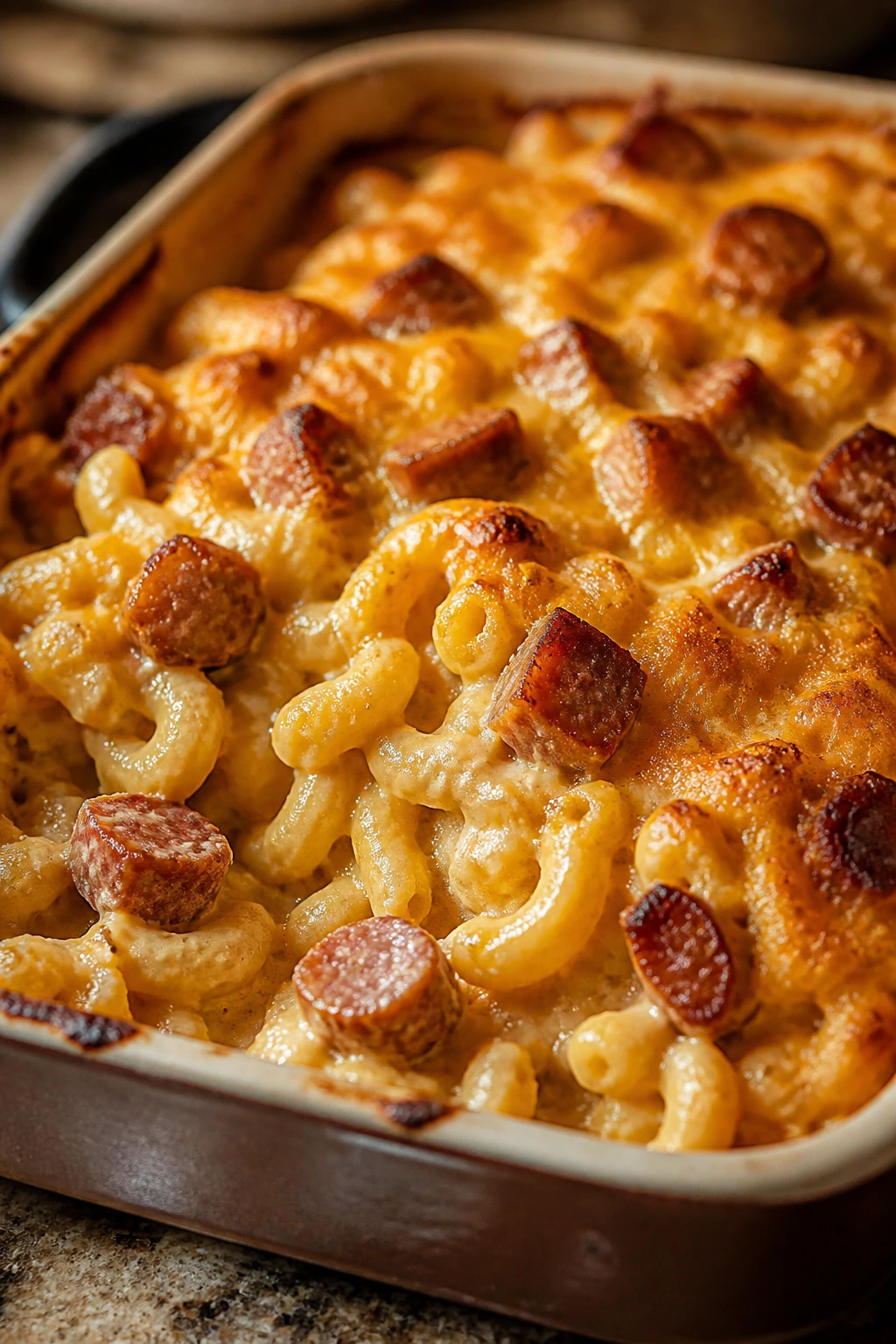 Creamy smoked sausage mac and cheese in a baking dish
