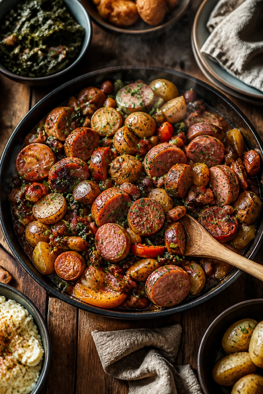 Top-down view of a table with smoked sausage and hearty sides