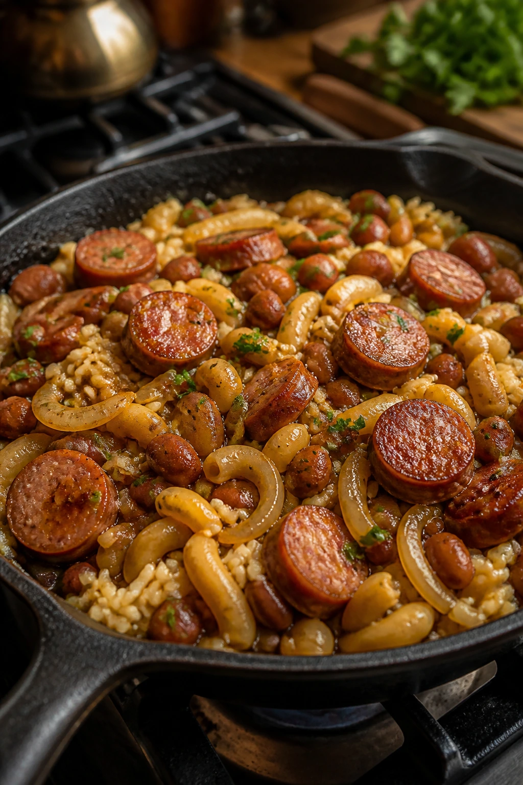 Close-up skillet of smoked sausage meals with variety sides