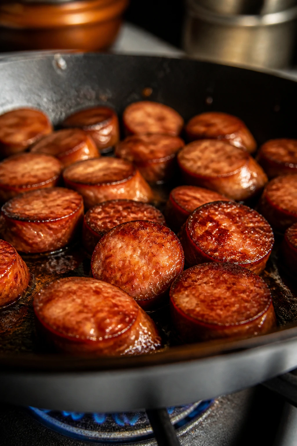 Sausage browning evenly over medium heat in a pan