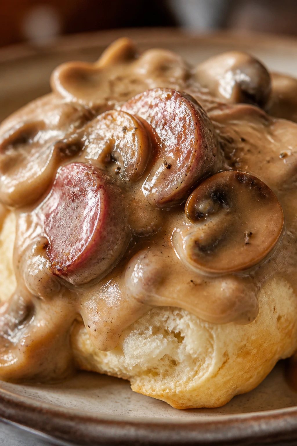 Biscuits with smoked sausage mushroom gravy poured over them