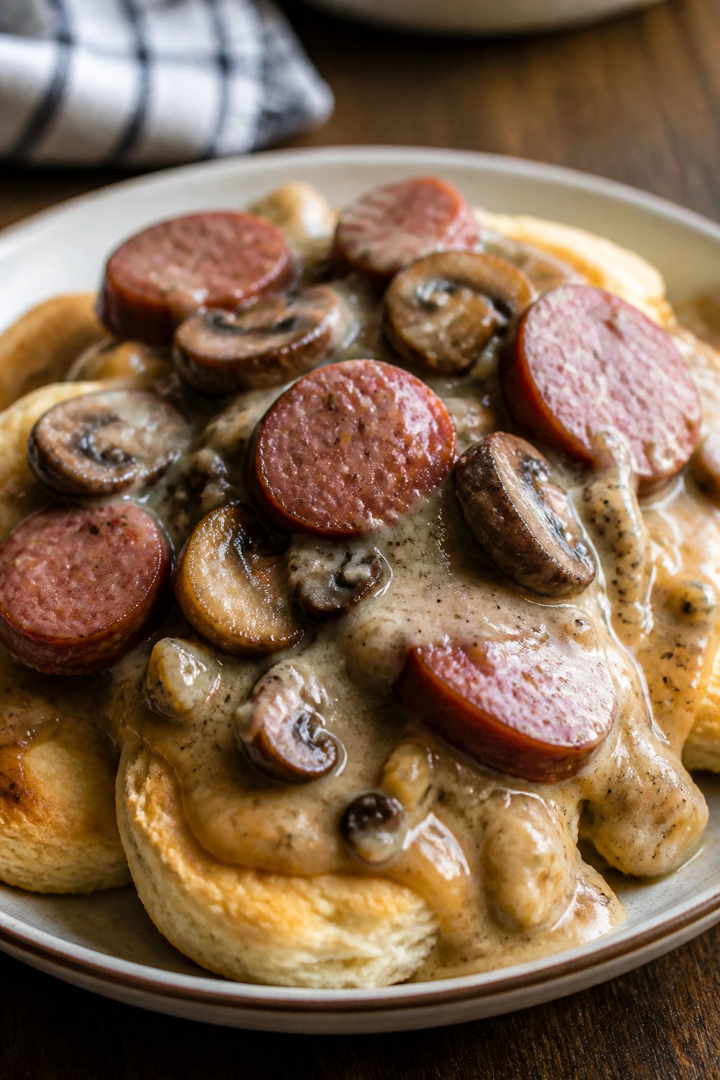 Plate of sausage with mushroom gravy over biscuits