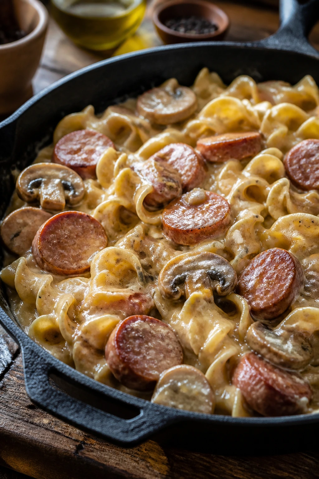 Close-up of a creamy smoked sausage egg noodle skillet with mushrooms in warm kitchen light