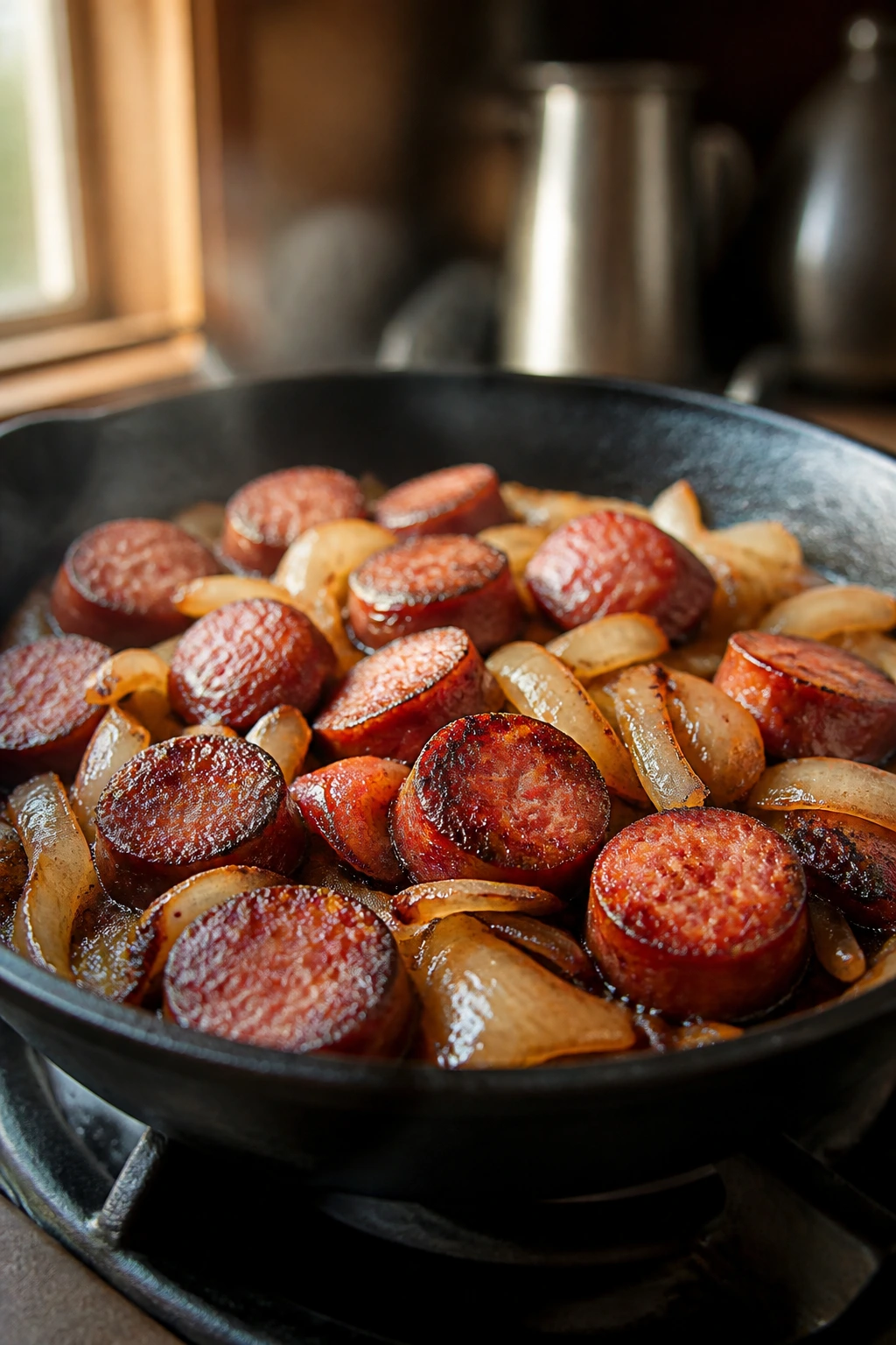 Close-up of browned smoked sausage with onions in a skillet, Sunday-night kitchen mood