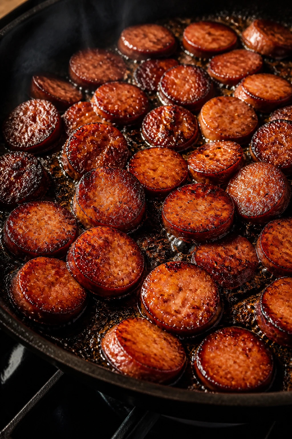 Close-up of browned smoked sausage coins in a pan on a stove