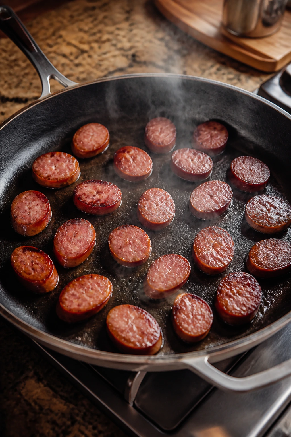 Sausage pieces spread in a wide skillet with space, browning edges