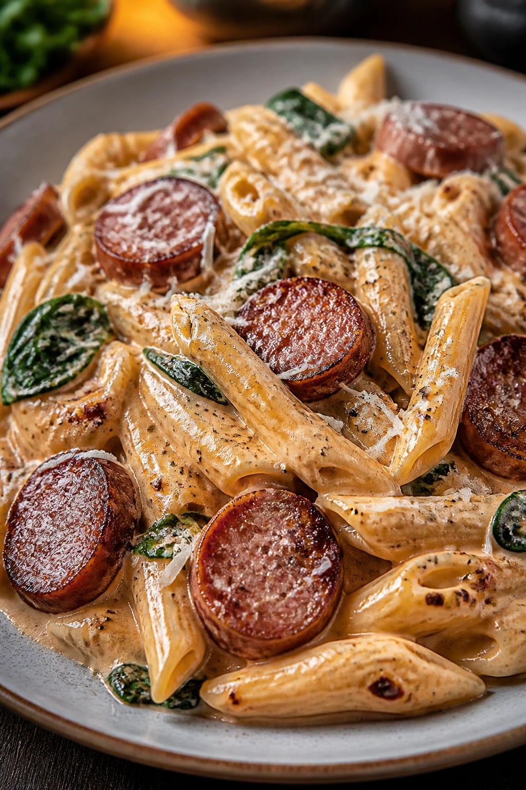 Creamy sausage pasta on a plate