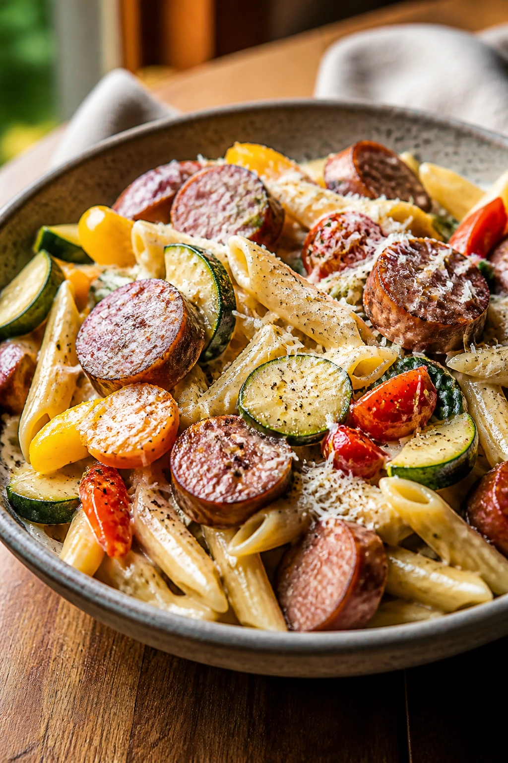 Close-up of smoked sausage pasta primavera with colorful vegetables and Parmesan in a rustic bowl