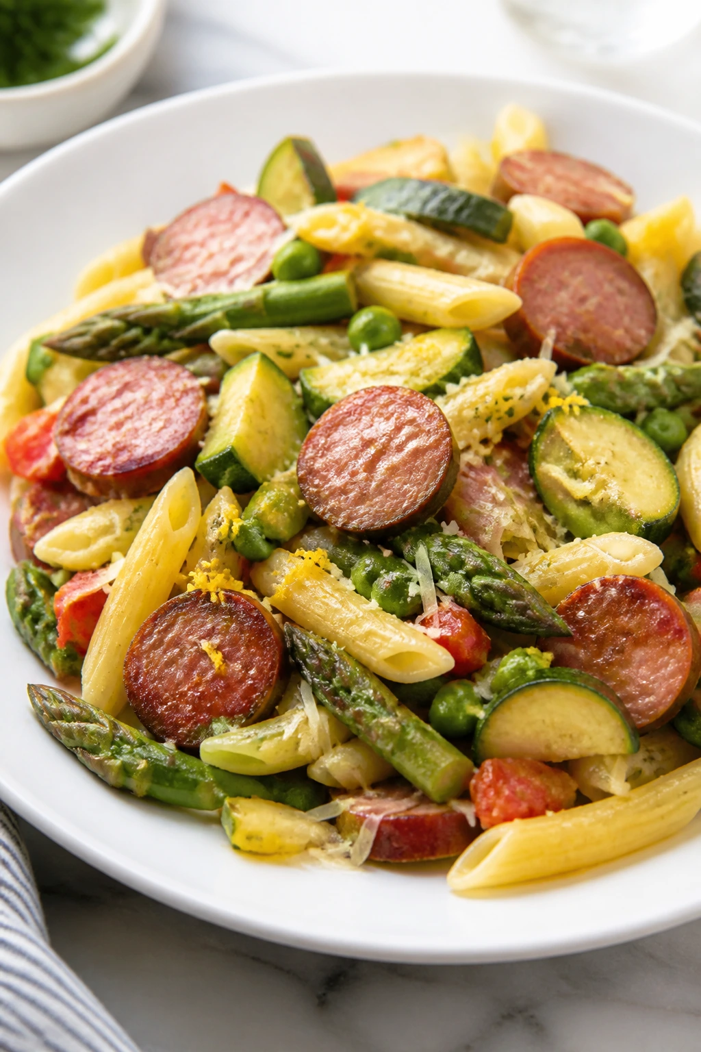 Pasta primavera with smoked sausage and vegetables on a plate in a bright kitchen