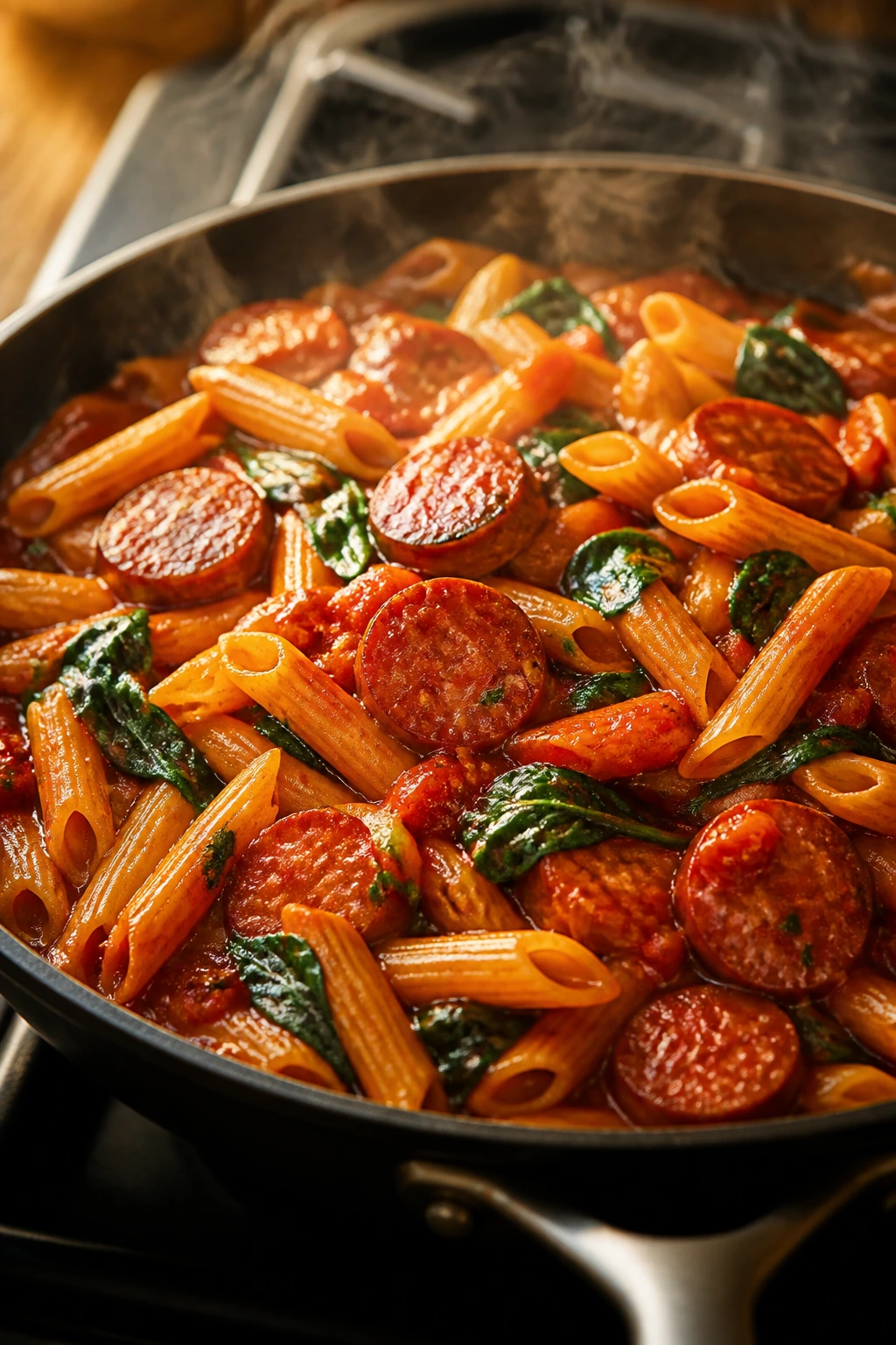 Close-up of smoked sausage pasta in a skillet on a stove