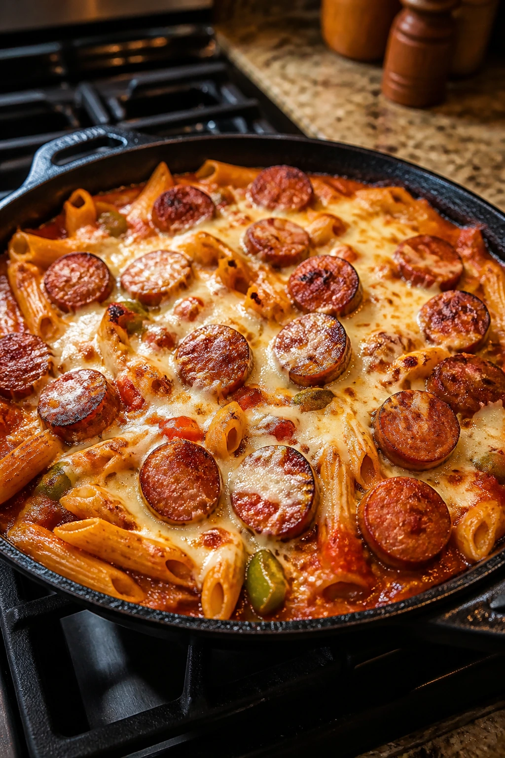 Skillet pasta with smoked sausage and mozzarella in marinara sauce