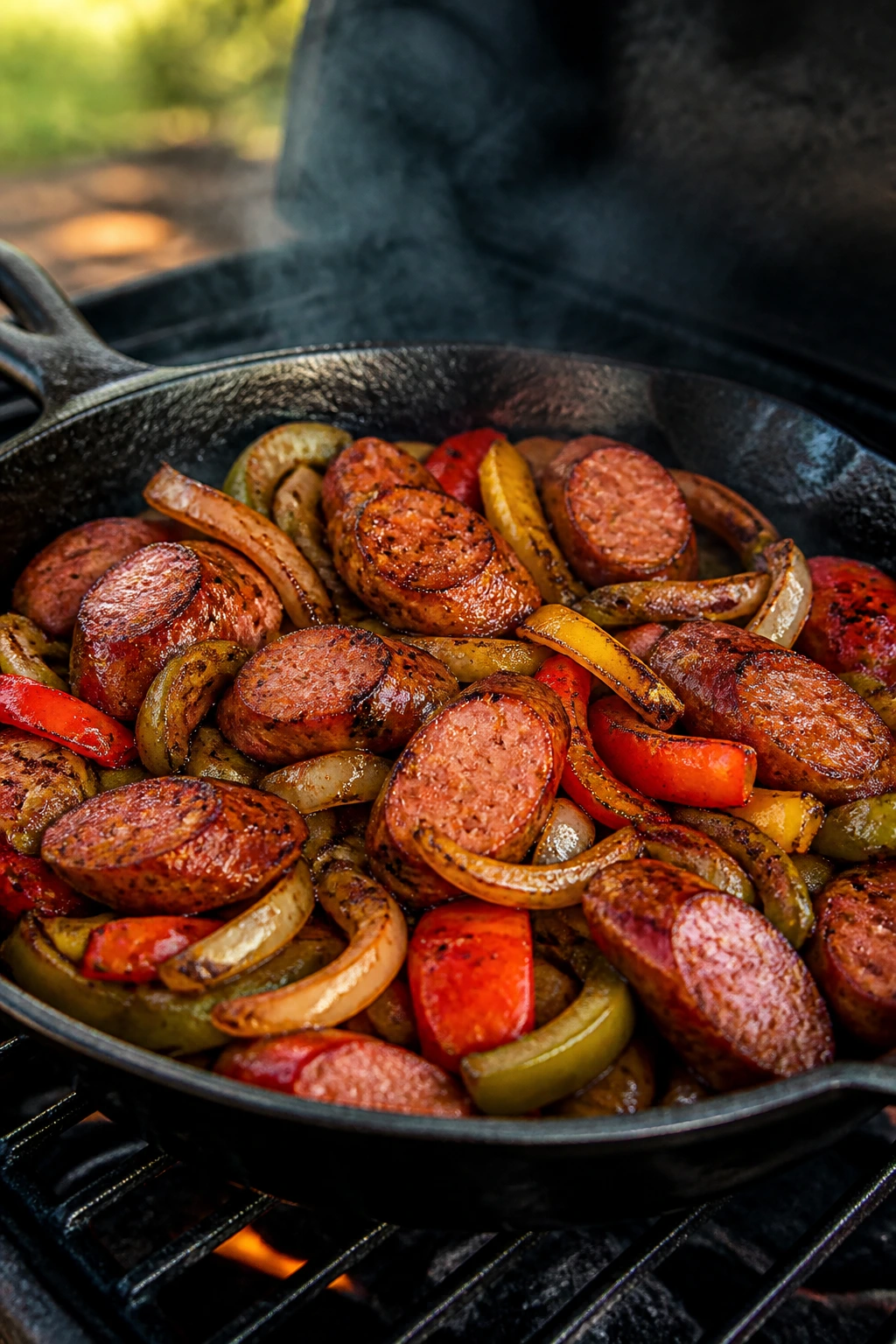 Close-up of smoked sausage and peppers cooking in a cast-iron skillet on a pellet grill