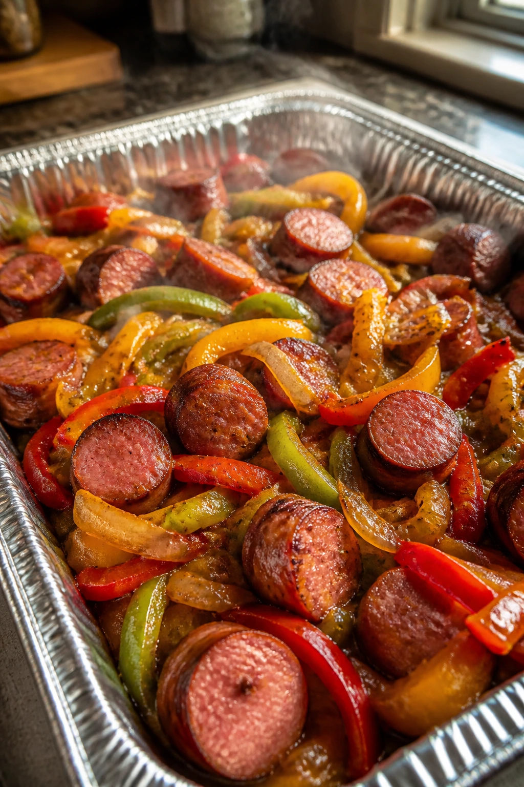 Close-up of sausage and peppers in a foil pan