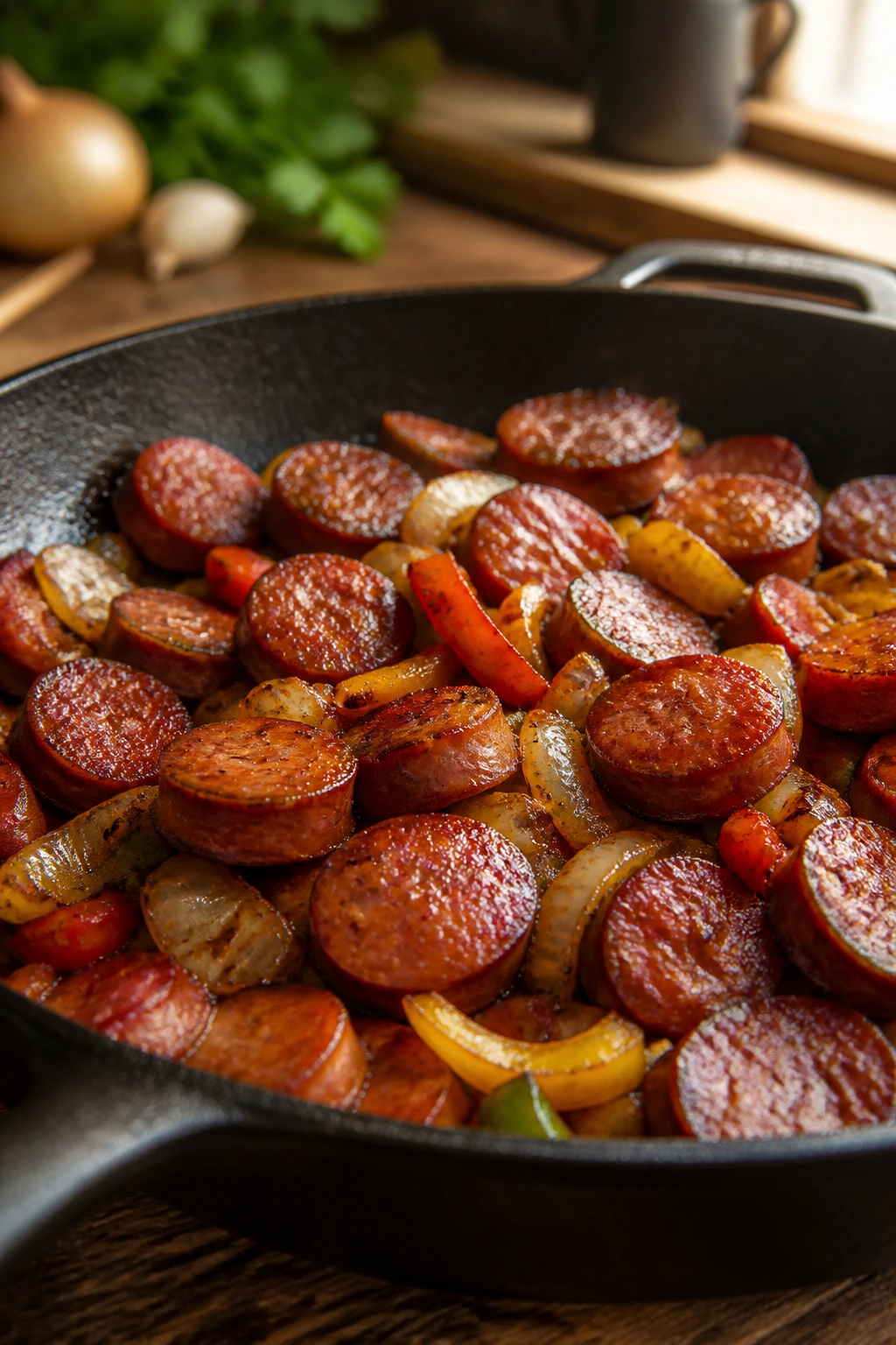 Close-up of browned smoked sausage with peppers and onions in a cast-iron skillet