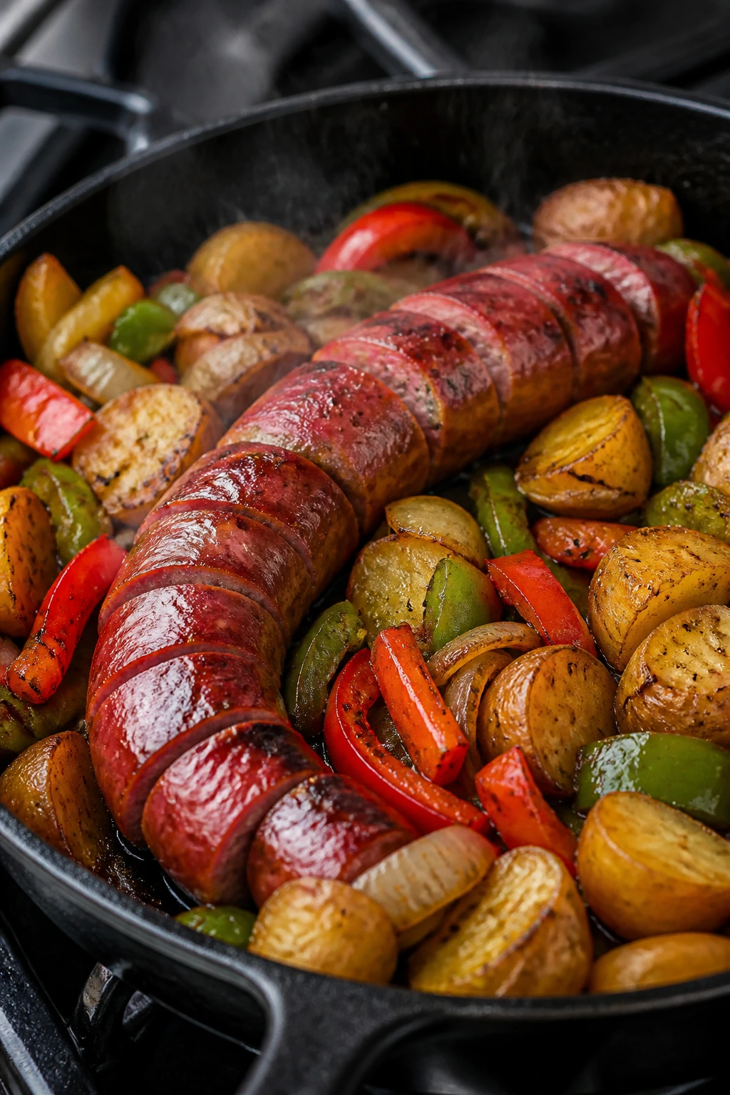 Smoked sausage in pan with peppers onions potatoes