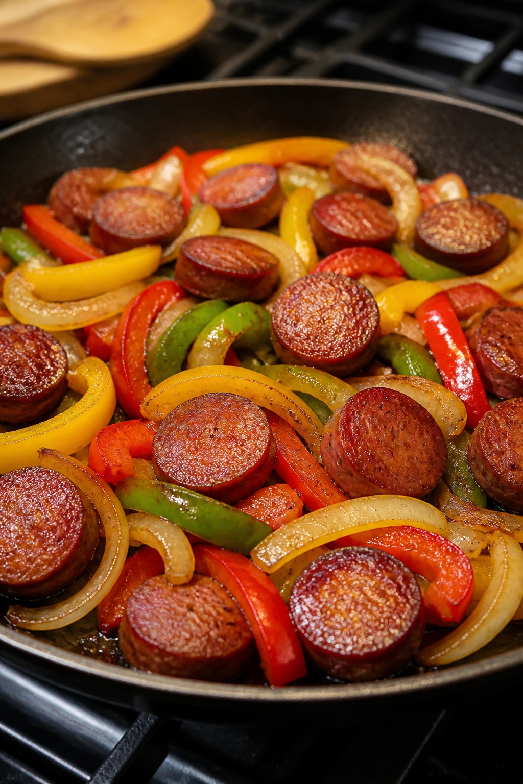 Close-up of smoked sausage with peppers and onions in a skillet