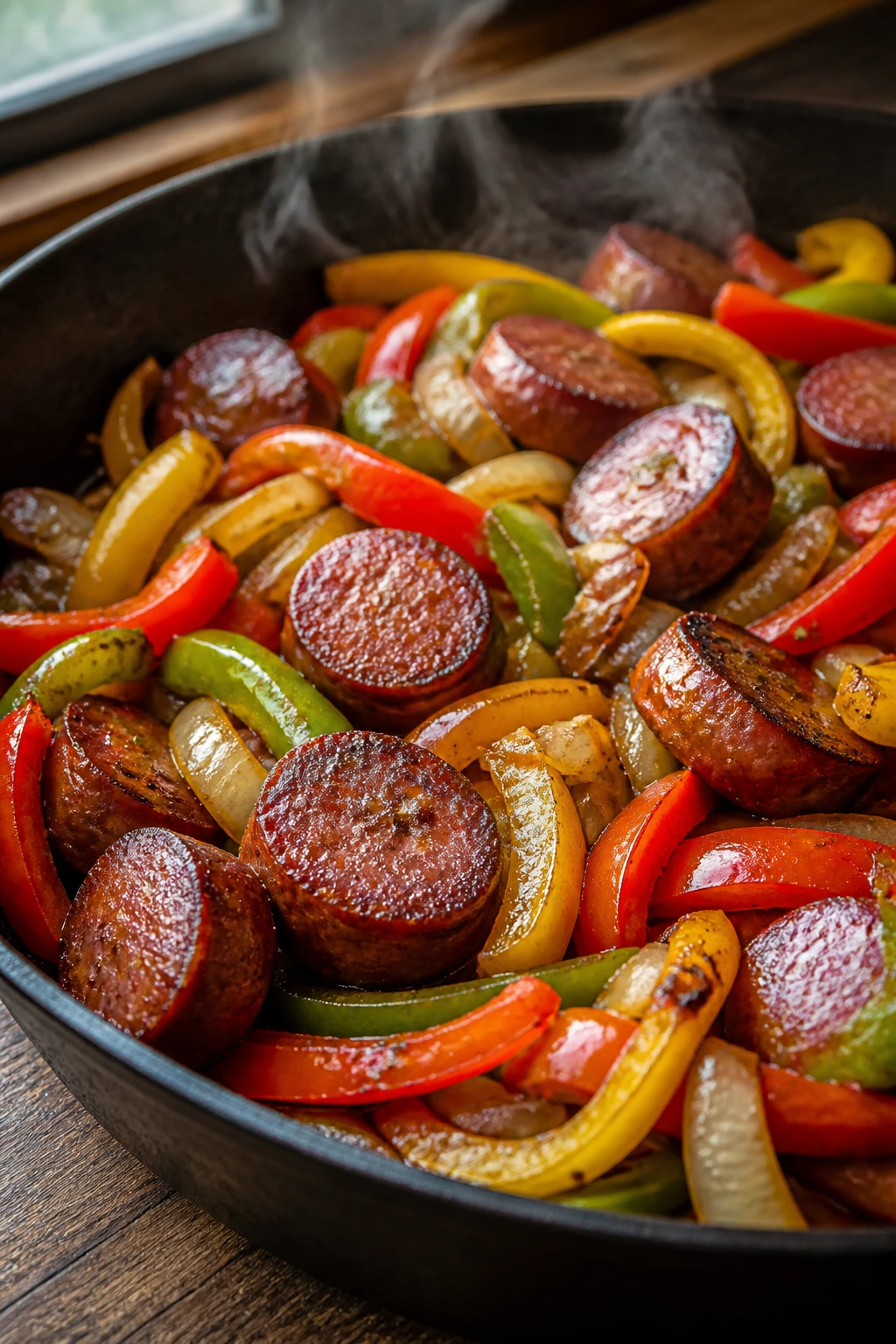 Sausage and peppers in a skillet on a wooden counter