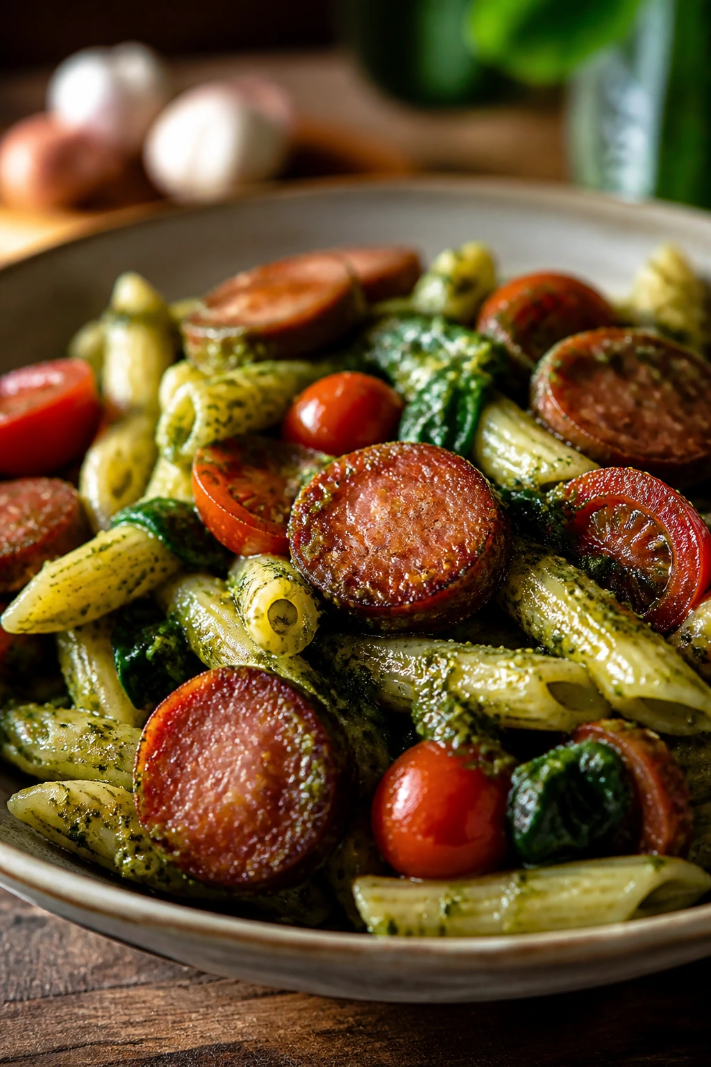 Plate of pesto pasta with smoked sausage cherry tomatoes and spinach