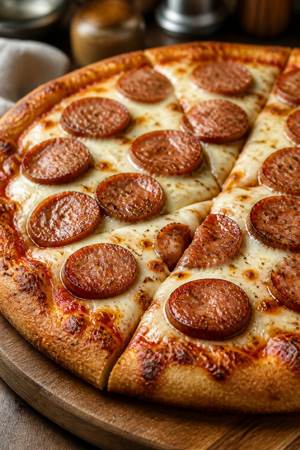 Close-up of smoked sausage pizza on wooden board