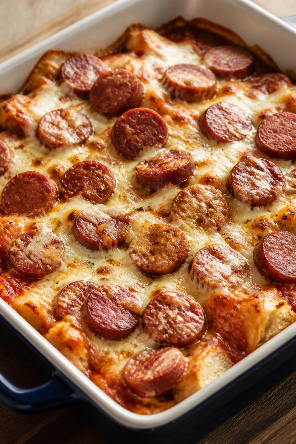 Close-up of a bubbling smoked sausage pizza bake in a baking dish