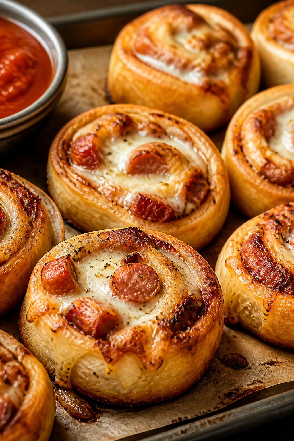 Close-up of smoked sausage pizza rolls with melted cheese on a baking sheet in a kitchen