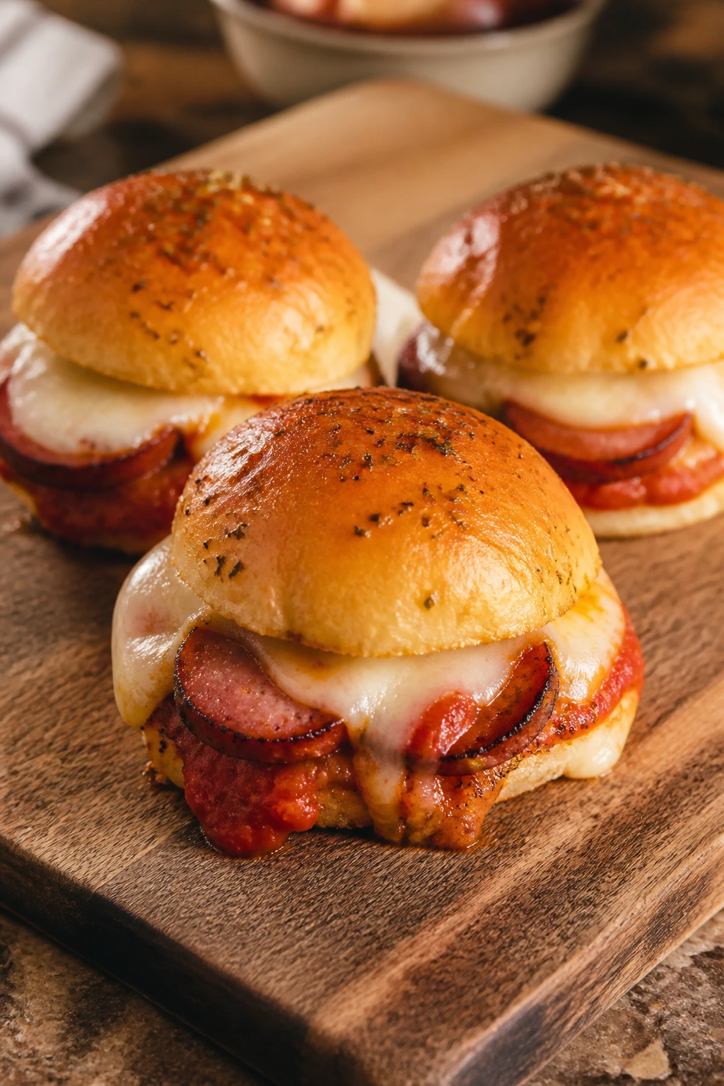 Close-up of smoked sausage pizza sliders on wooden board