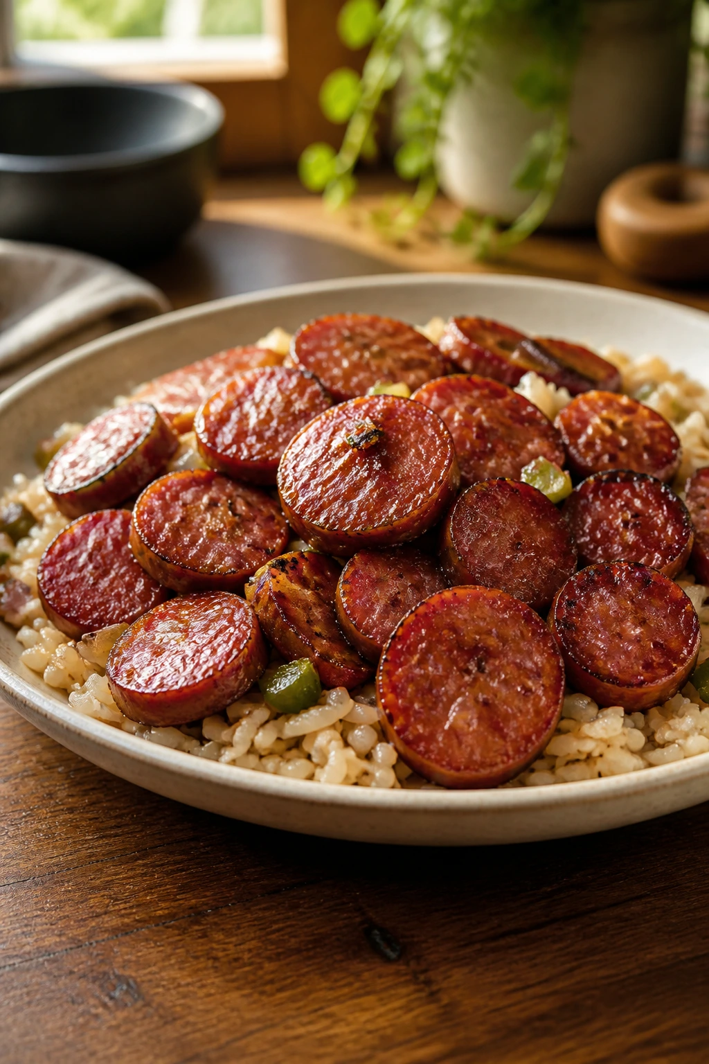 Close-up of a plate with browned smoked sausage over rice in a warm kitchen