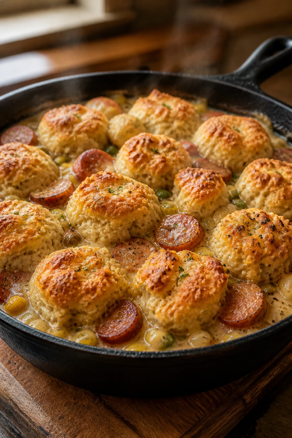Close-up of smoked sausage pot pie with biscuit topping bubbling in a skillet