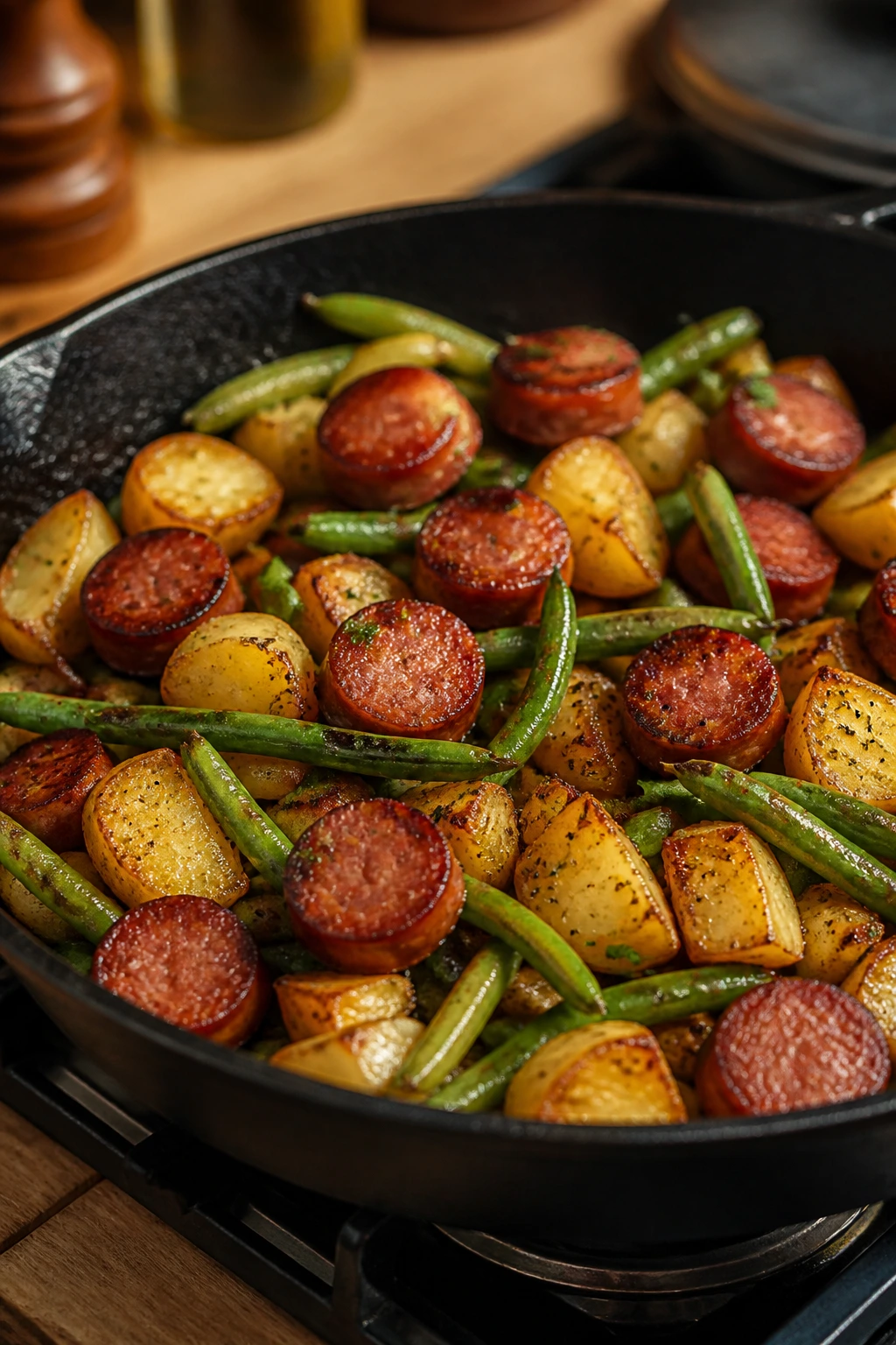 Close-up of a sizzling skillet with smoked sausage, potatoes, and green beans.