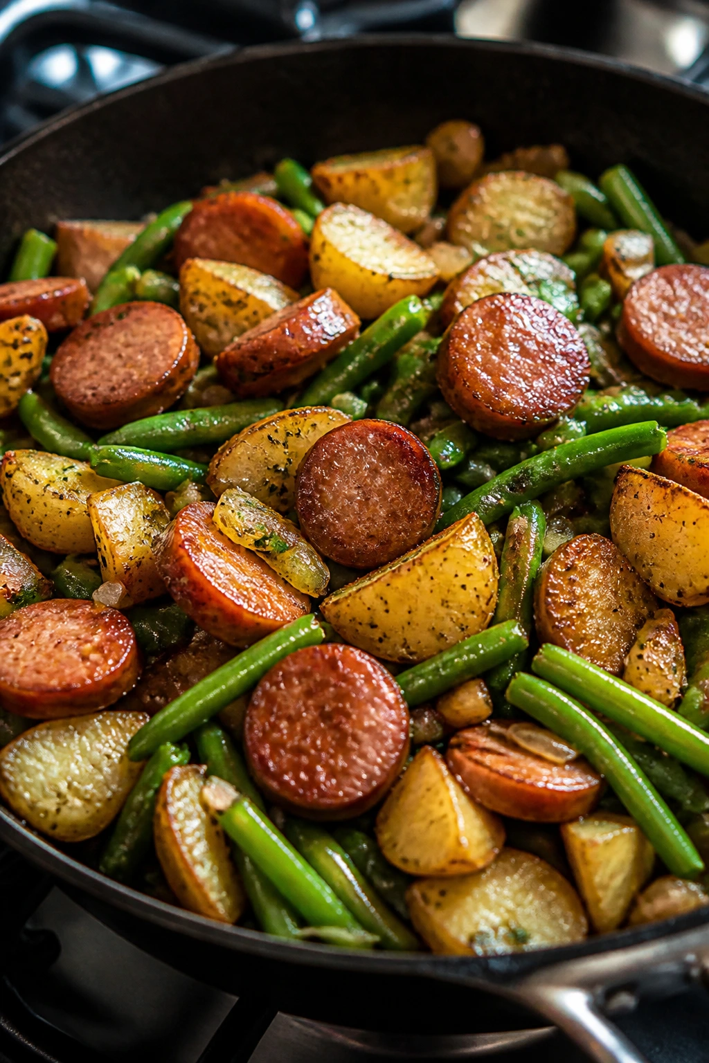 Skillet with smoked sausage, potatoes and green beans