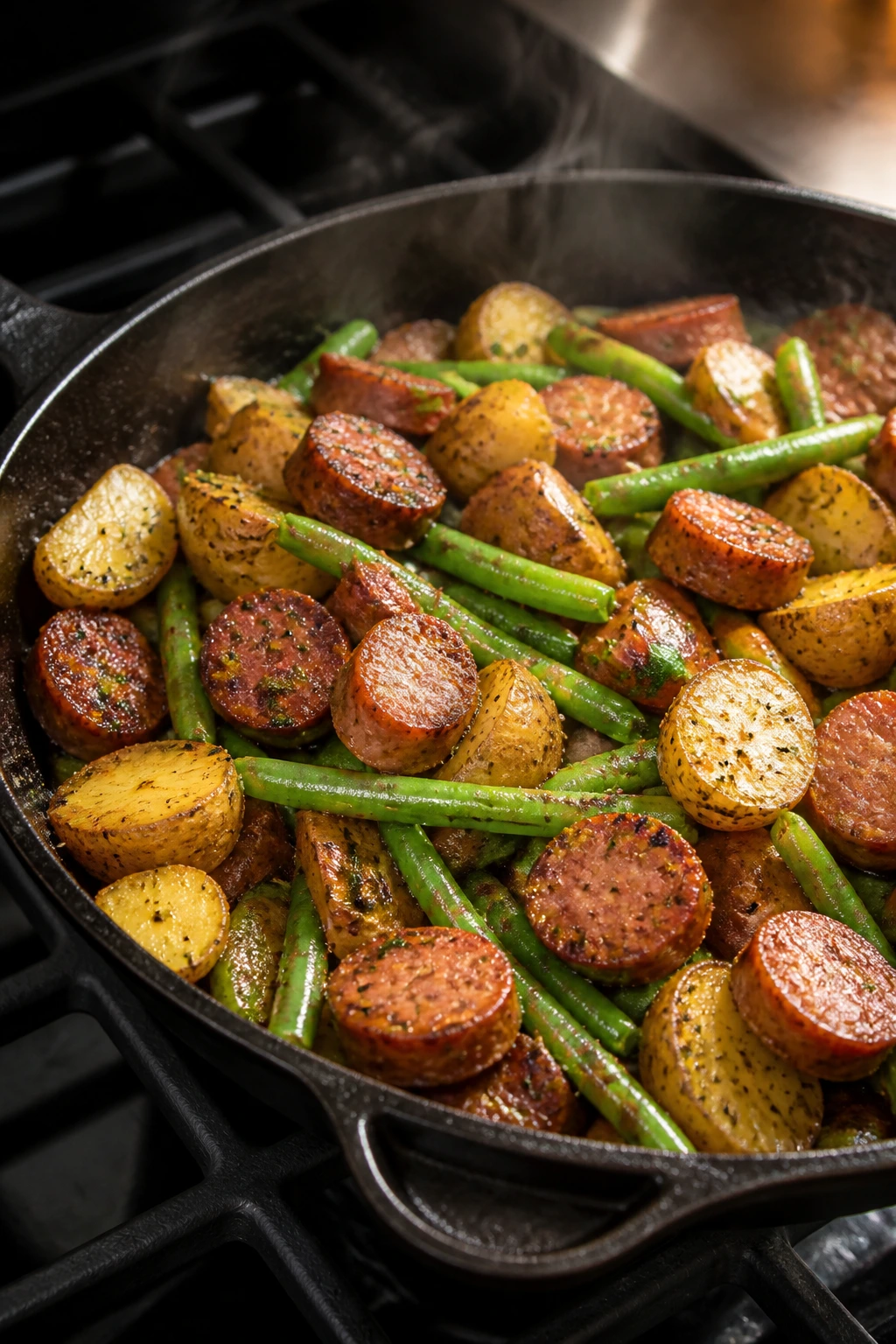 Skillet with sausage, potatoes, and green beans on stove