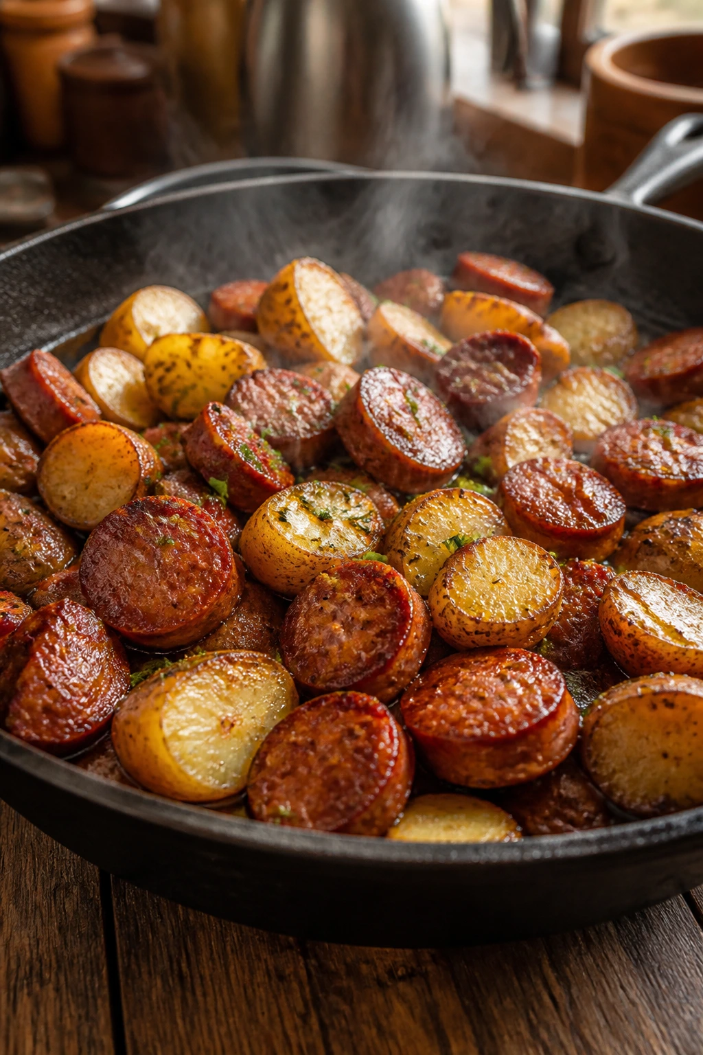 Close-up skillet with browned sausage and potatoes on a rustic table
