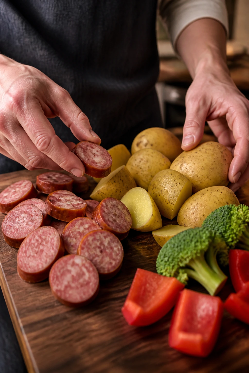 Hands selecting sausage and potatoes on a cutting board