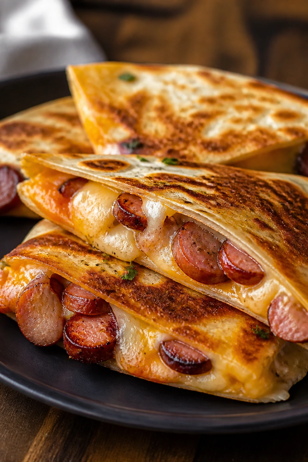Close-up of a sausage quesadilla wedge on a plate