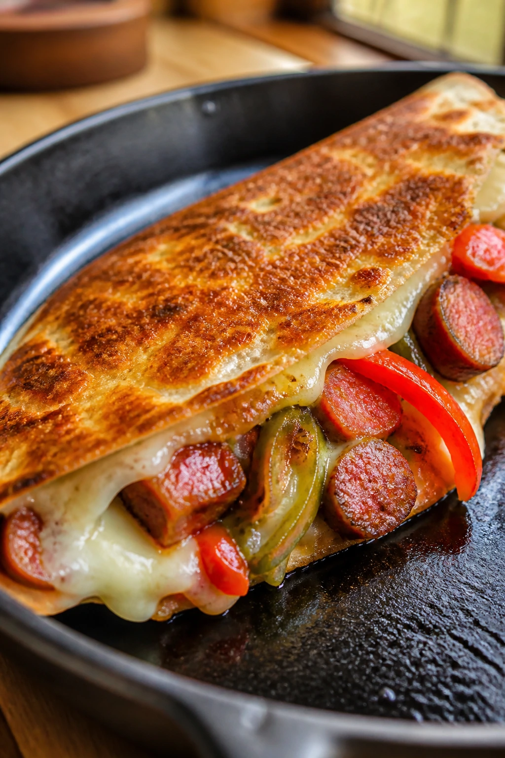 Close-up of a crispy smoked sausage quesadilla with peppers and melted Monterey Jack in a skillet