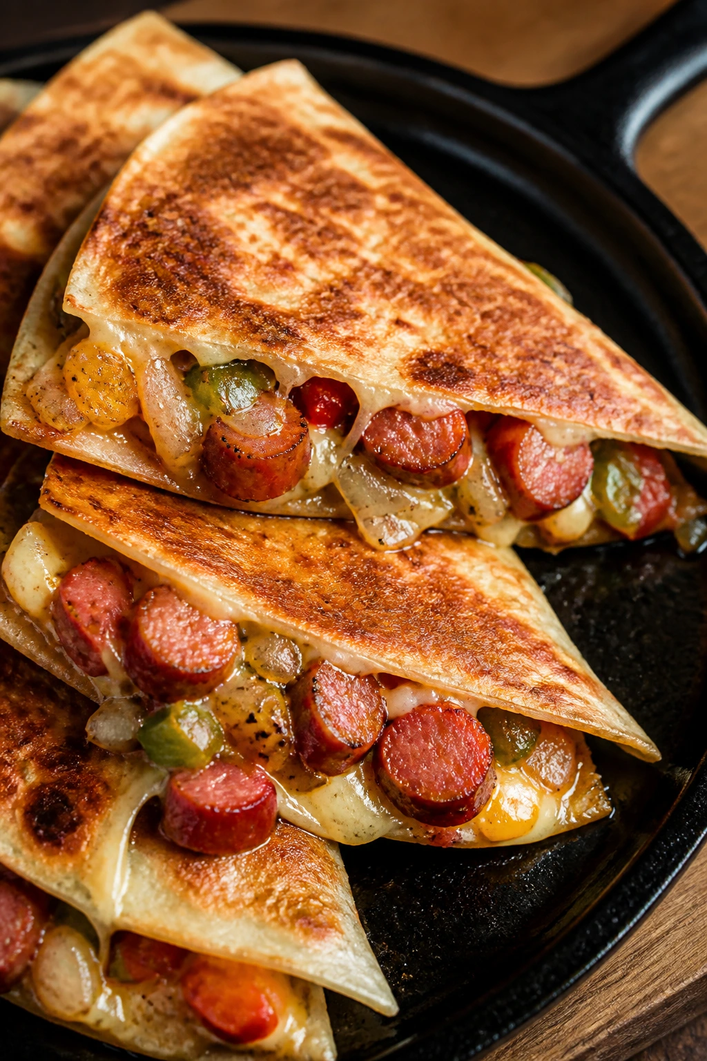 Close-up of smoked sausage quesadilla melt on a plate with peppers and onions