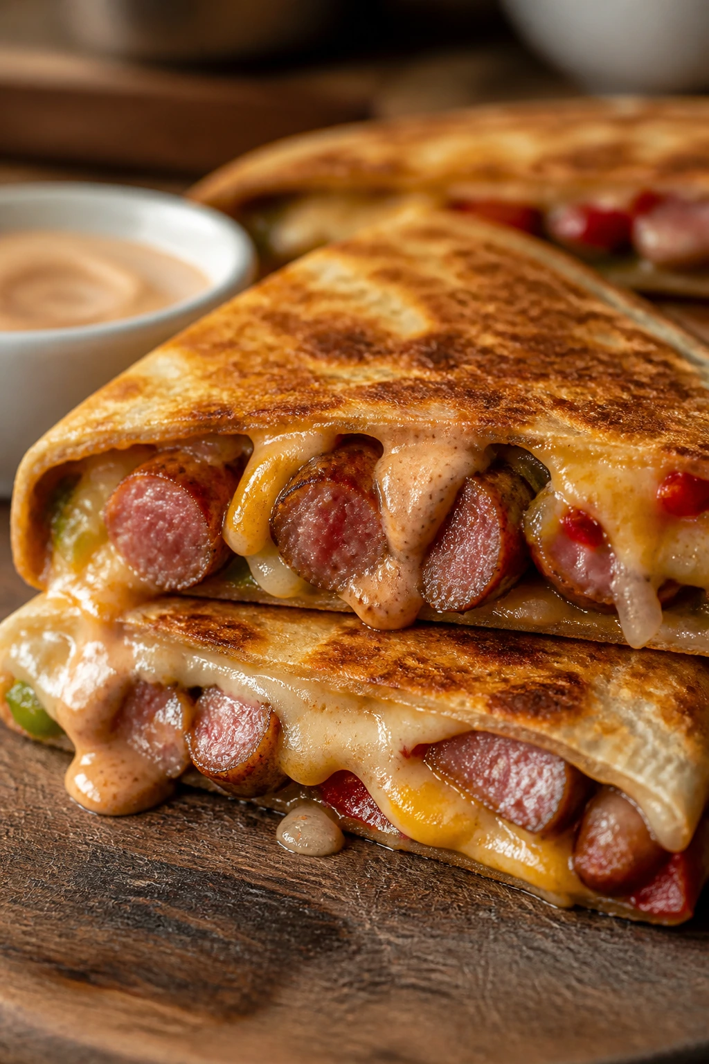 Close-up of smoked sausage quesadilla showing cheese and sausage filling