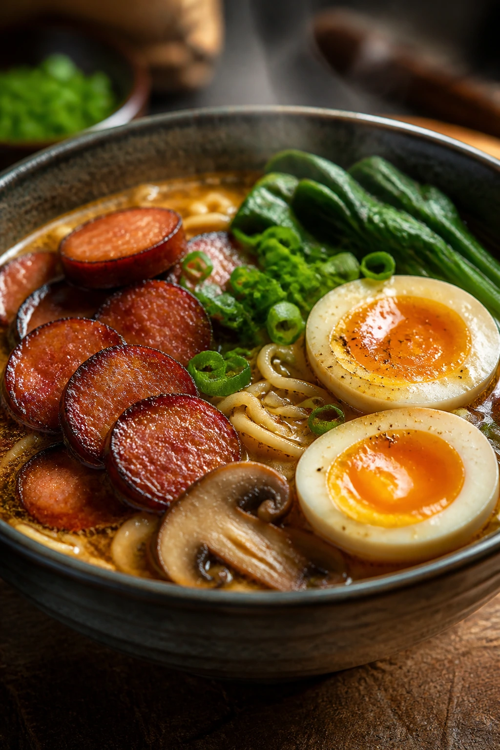 Deep bowl of ramen with smoked sausage, soft eggs, mushrooms and greens