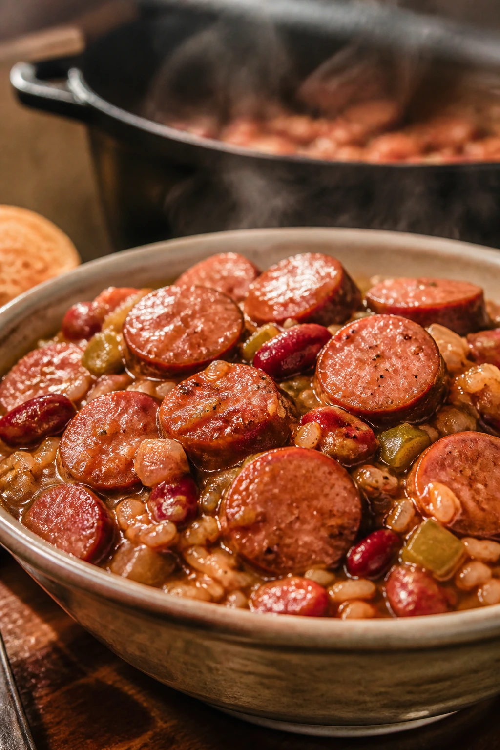 Close-up of a steaming bowl of red beans and rice with smoked sausage slices