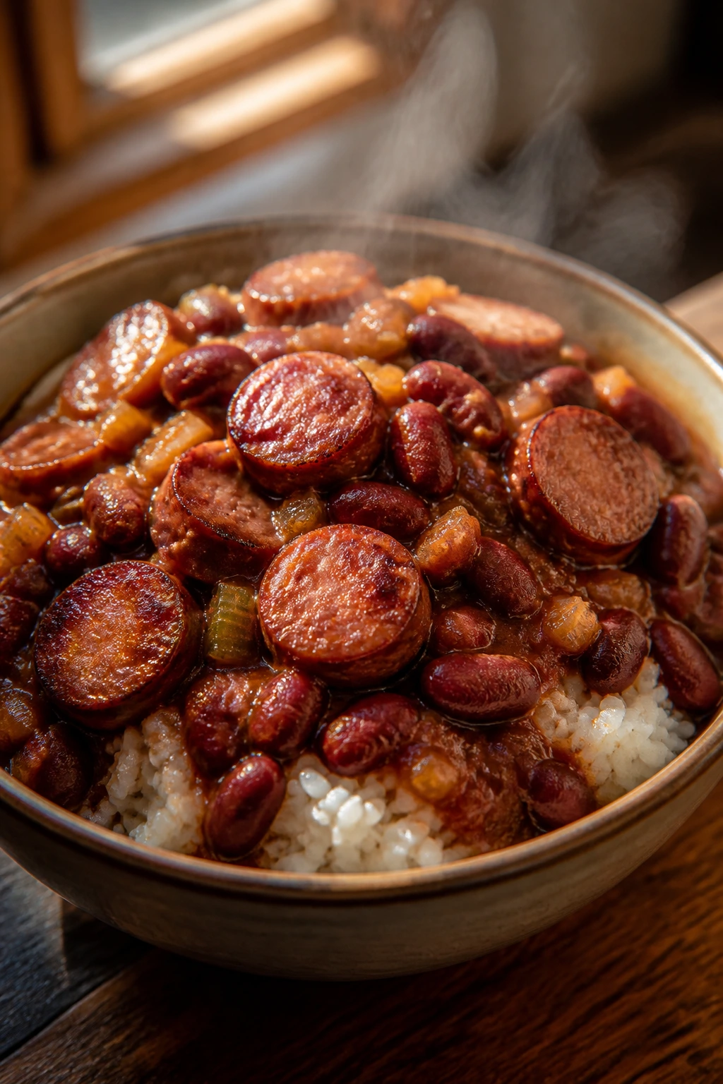 Close-up of red beans and rice with smoked sausage in a steaming bowl